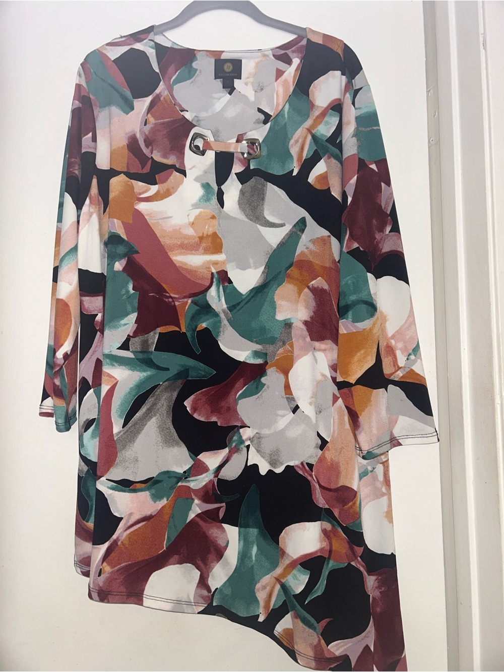 Macy’s Abstract Floral Asymmetric Tunic Dress in Teal & Burgundy